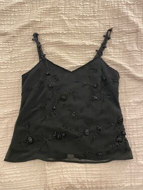 Beaded Floral Black Tank Top